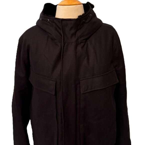 Theory Cashmere Wool Blend Large Black Hood Fur Zip Front Coat Jacket EUC - Picture 3 of 14